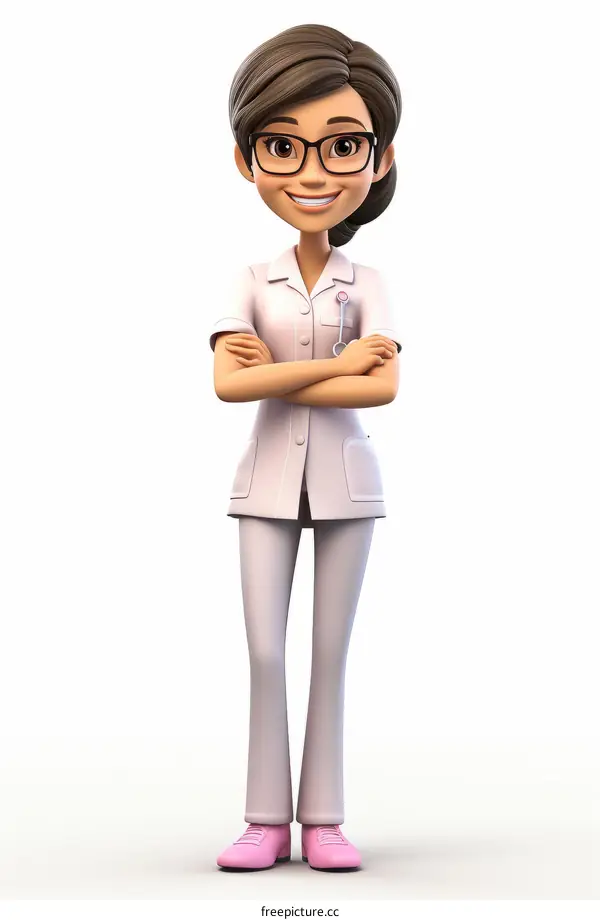A female doctor in a white coat with brown hair and glasses