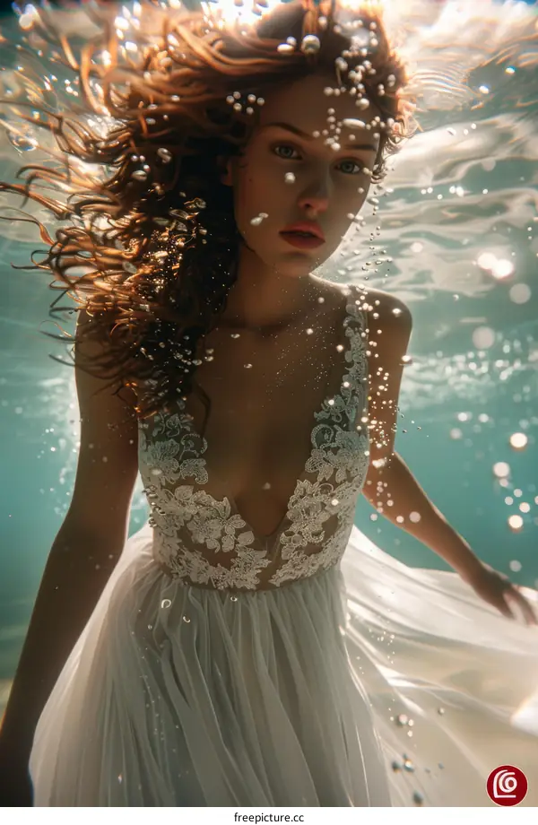 A woman wearing a white dress is swimming underwater