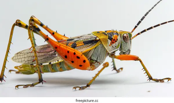 A colorful grasshopper on a white background