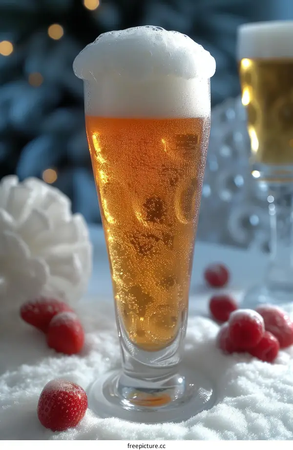 Close-up of a pilsner glass of beer with a full, foamy head and condensation on the glass, next to a partially-filled champagne glass, with sugared cranberries scattered on the snow in front of them, and a defocused Christmas tree in the background.