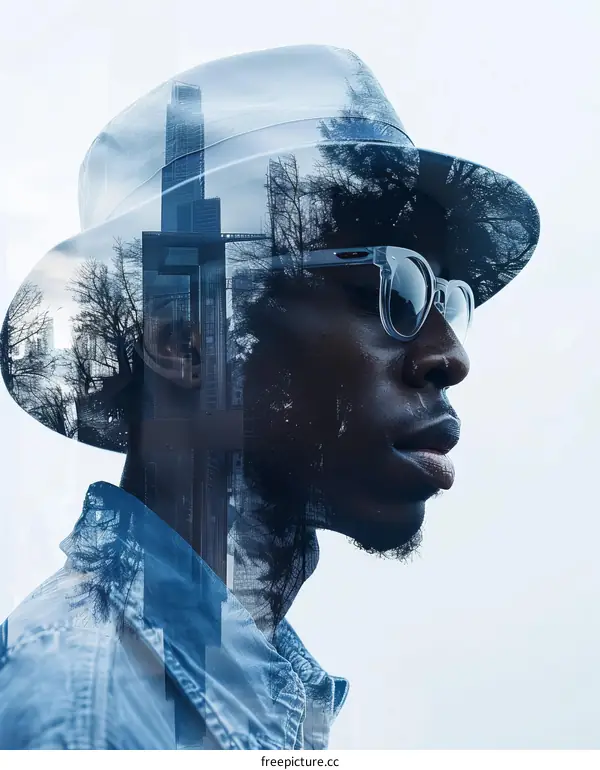 Thoughtful Black Man in a Hat Against a Cityscape