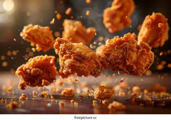 Delicious crispy fried chicken pieces flying in mid air