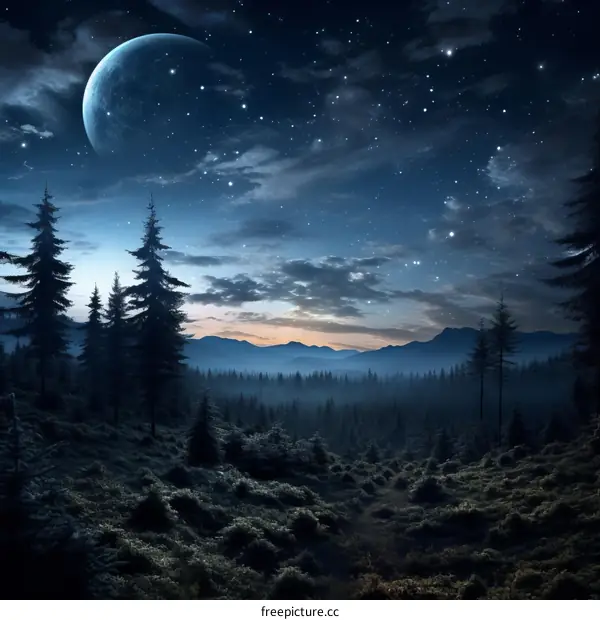 Mystical Night Landscape with Blue Moon and Starry Sky