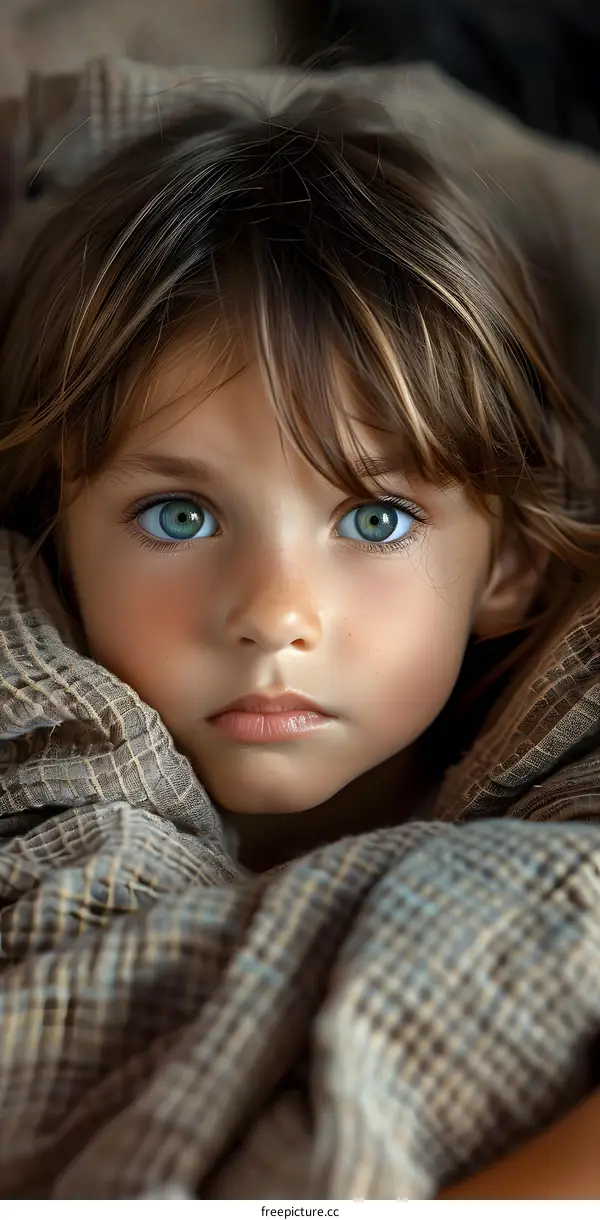 Little girl with big green eyes wrapped in a blanket