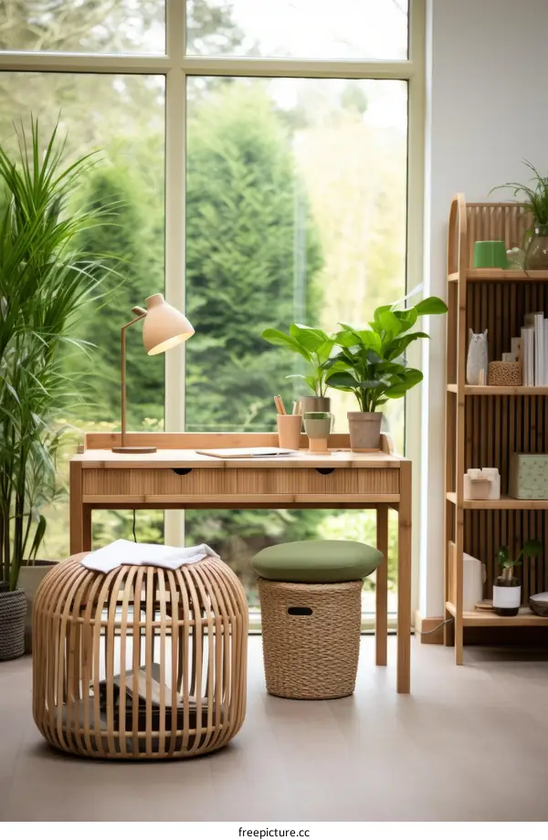 Stylish Home Office with Natural Materials and Plants