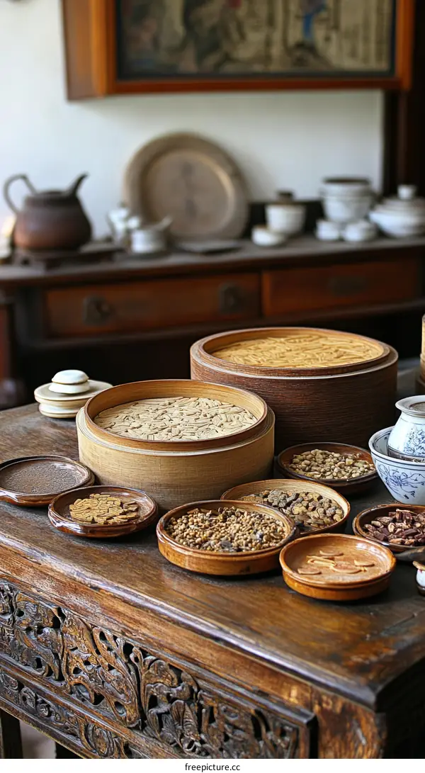 Traditional Chinese Medicinal Herbs on Wooden Table