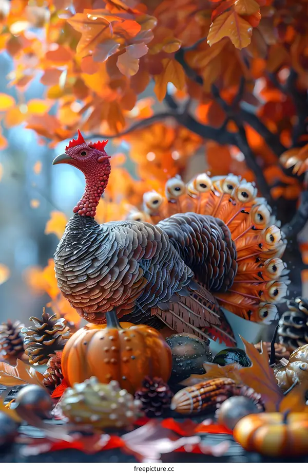 A Thanksgiving turkey surrounded by pumpkins and fall leaves.