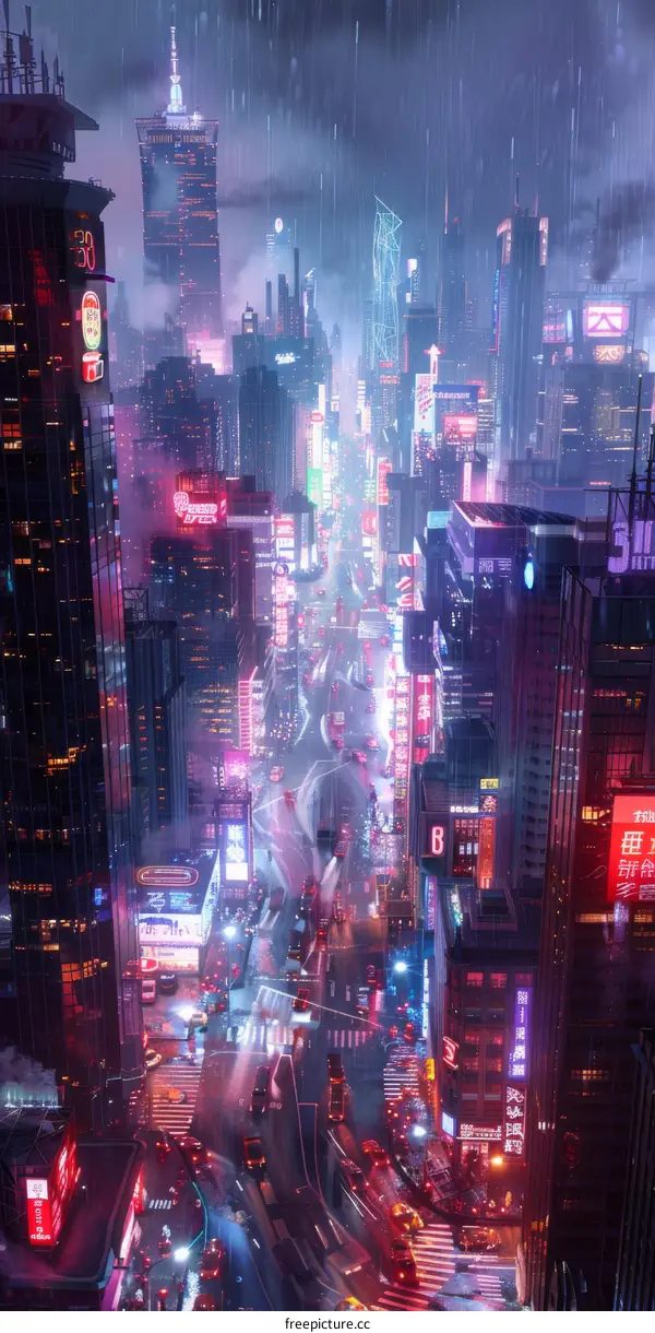 Neon Cityscape Raining Futuristic Metropolis
