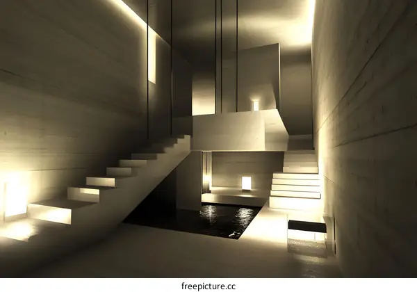 Minimalist Concrete Architecture Interior Design With Staircase And Pool