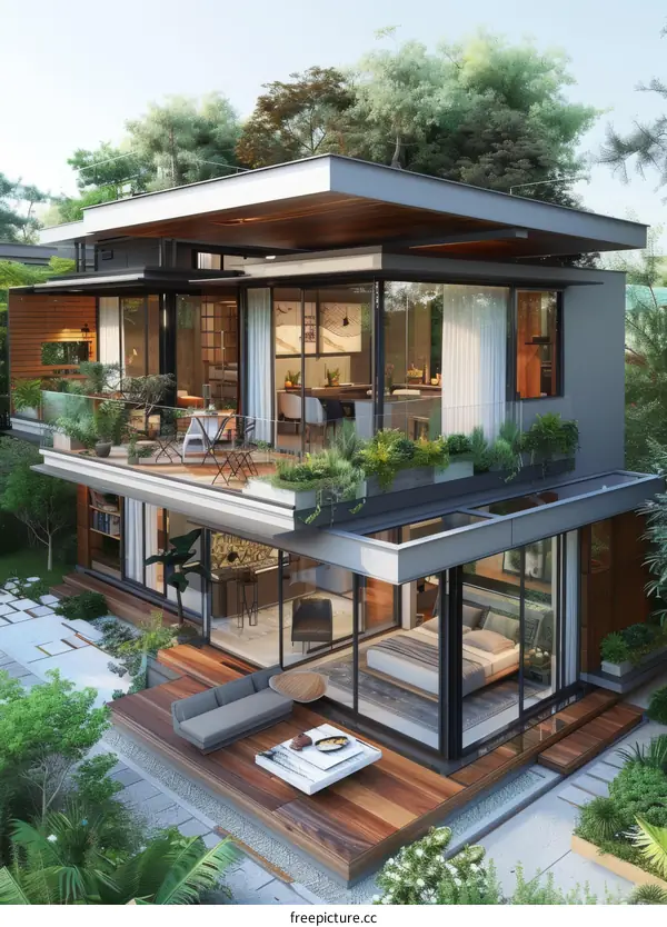 Modern Minimalist House With Green Roof And Backyard Patio