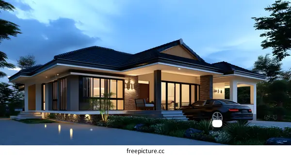 Modern House Exterior Design with Black Car and Lush Green Landscaping