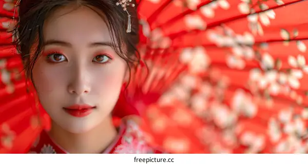 Portrait of a beautiful Japanese woman in traditional kimono with red umbrella