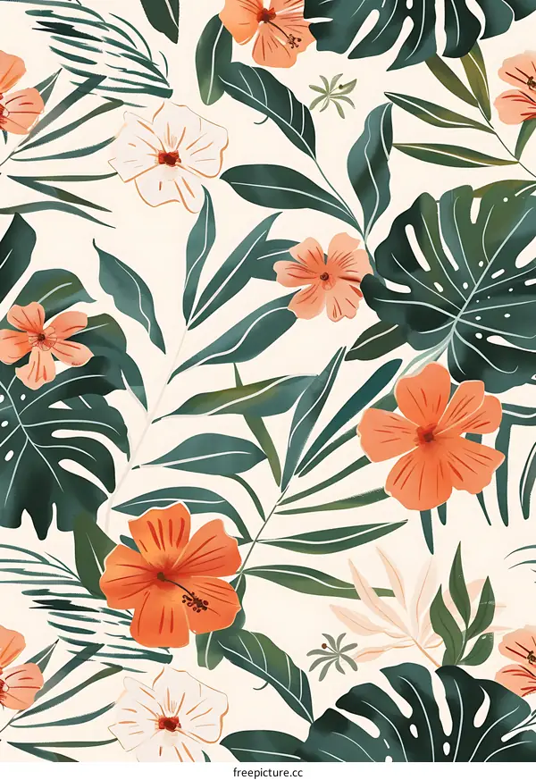 Tropical Floral Seamless Pattern with Orange Flowers and Green Leaves