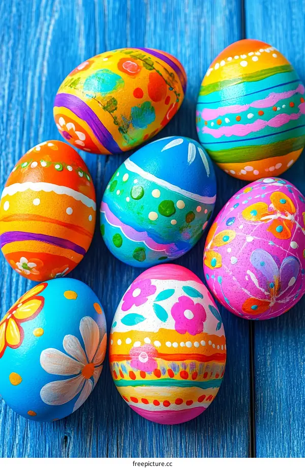 Colorful Hand Painted Easter Eggs on Wooden Background