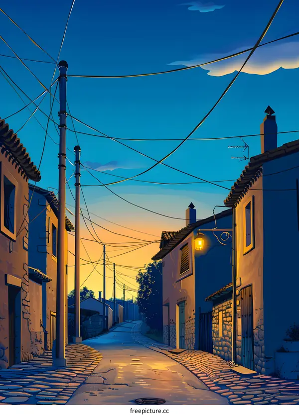 Cobblestone Street in a European Village at Sunset