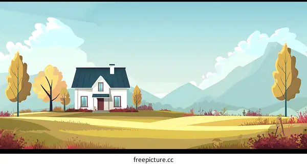 Cute House with Mountains Illustration