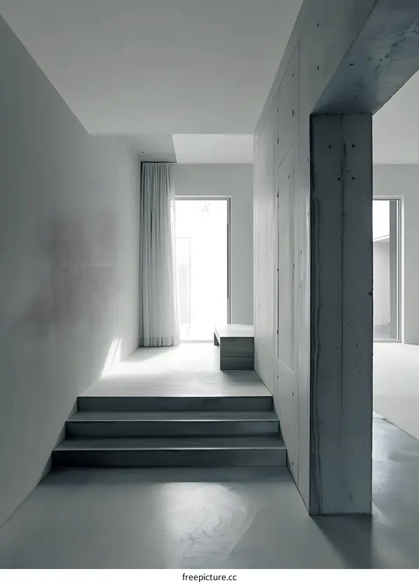 Minimalist Concrete Interior Design with Stairs and a Window