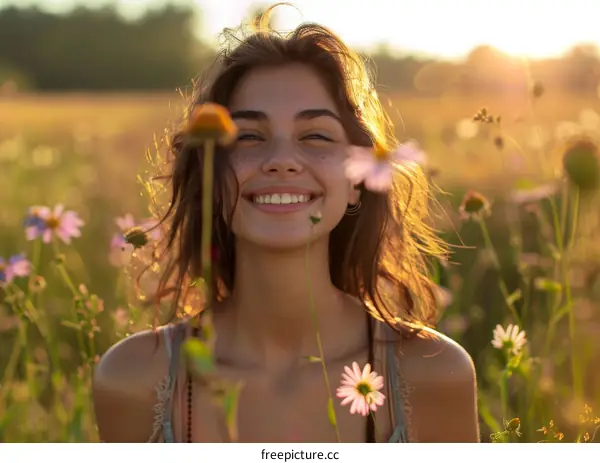 Smiling Woman in a Field of Flowers