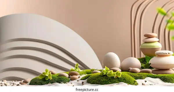 Minimalist Zen Garden with Smooth Stones and Green Moss