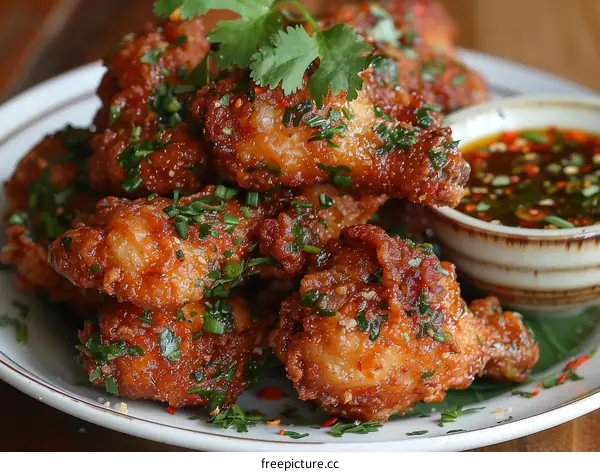 Fried chicken wings with fish sauce and herbs