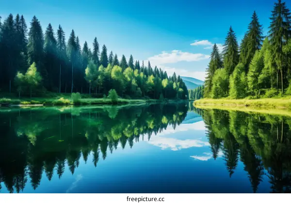 Tranquil Forest Lake with Serene Green Trees and Blue Water