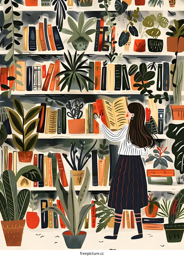Woman Reading Book in Library with Green Plants