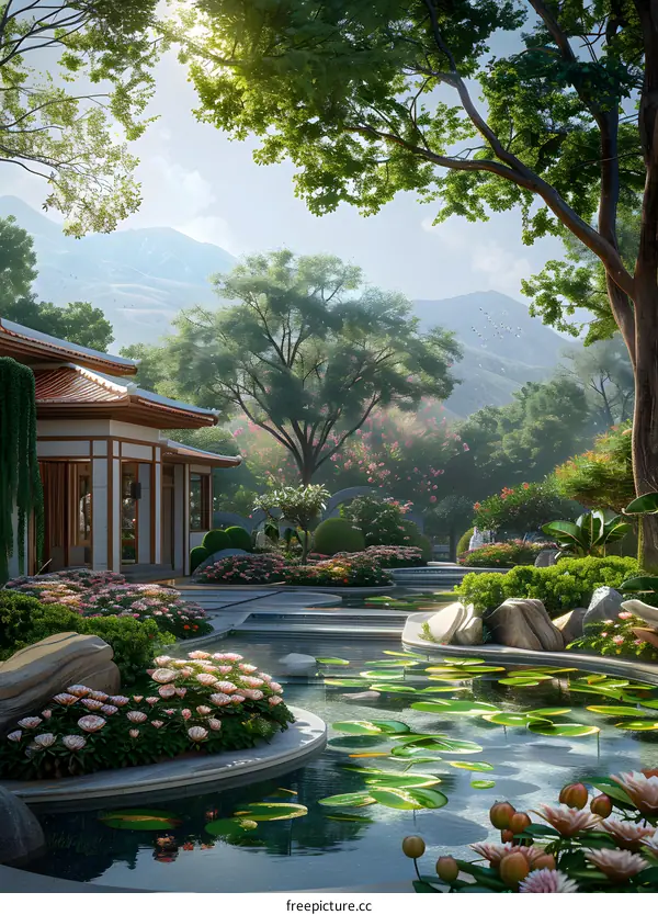 Chinese style courtyard house with lotus pond