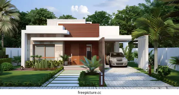 Modern House Design with Green Lawn and Palm Trees