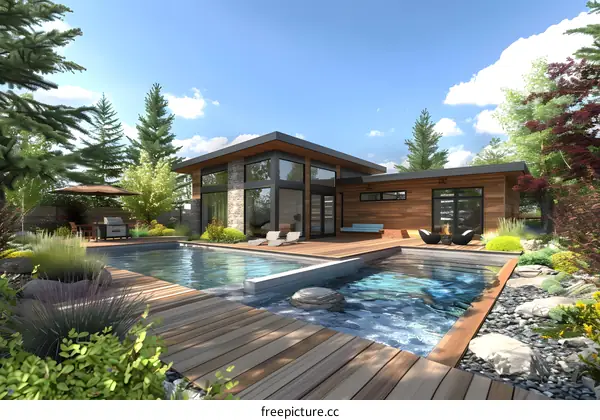 Modern home with swimming pool and landscaping
