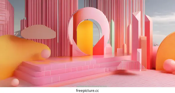 Abstract 3D Geometric Shapes in Pink, Orange, and Yellow Colors