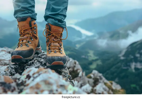 A person standing on a rock wearing hiking boots and looking at a valley