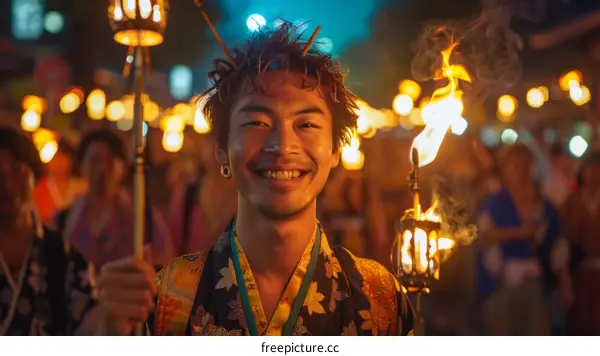 A Young Man Holding a Fire Torch at a Festival in Japan