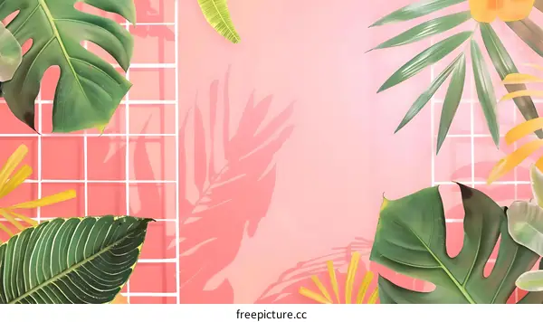 Tropical Leaf Pattern on Pink Background