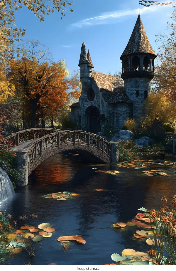 Stone Bridge Over Pond In Front of Small Castle
