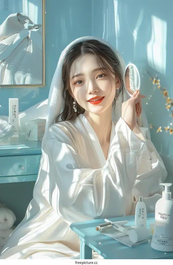 A young woman in a white bathrobe is sitting in front of a mirror.