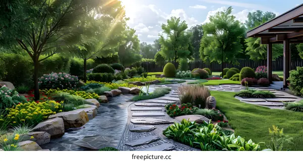 Japanese garden with a stone path and a small pond