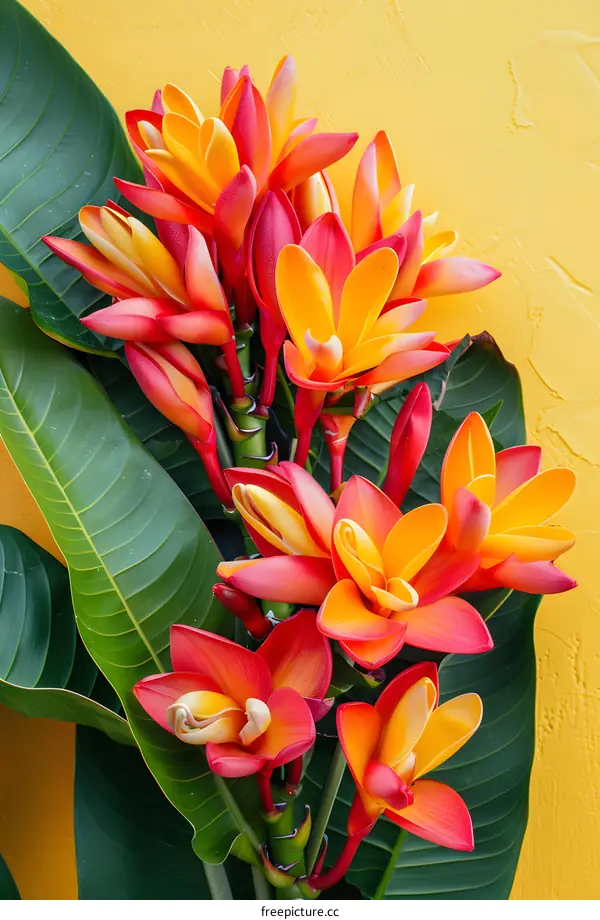 Orange and Red Tropical Flowers on Yellow Background