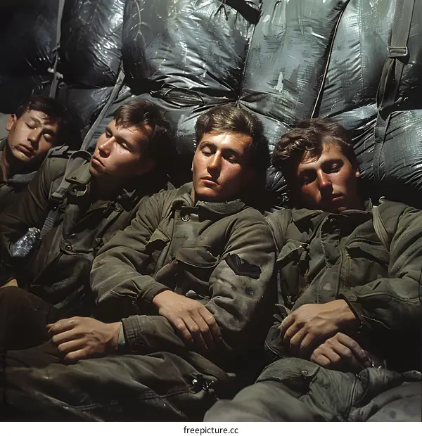 Four soldiers sleeping in the back of a truck