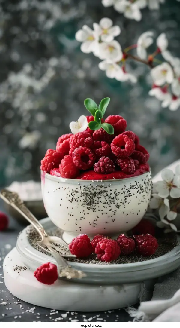 Raspberries in a bowl with chia seeds and coconut flakes