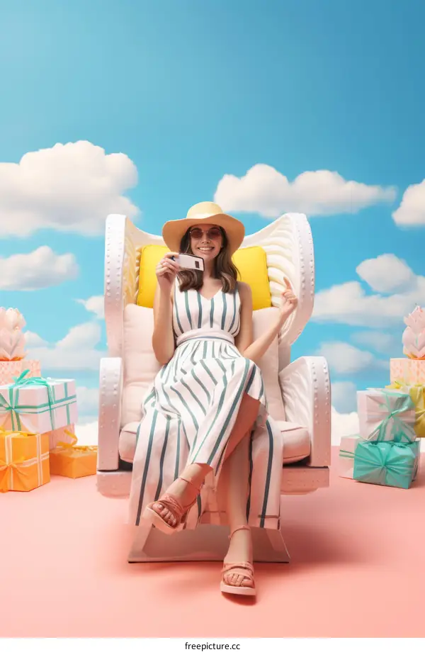 Young woman sitting on a pink chair holding a phone