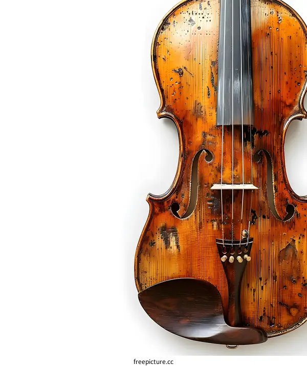 Vintage Violin with Worn Finish on White Background