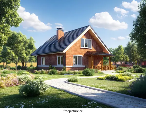 Brick House with a Porch and a Winding Path