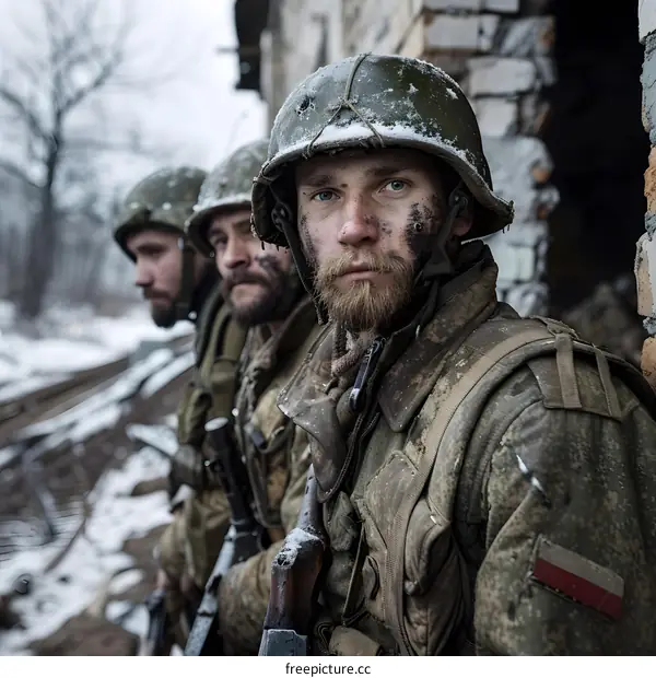 Three Soldiers in Winter During Wartime