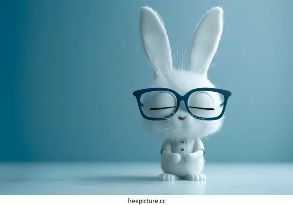 A cute white rabbit wearing glasses is sitting on a blue table.