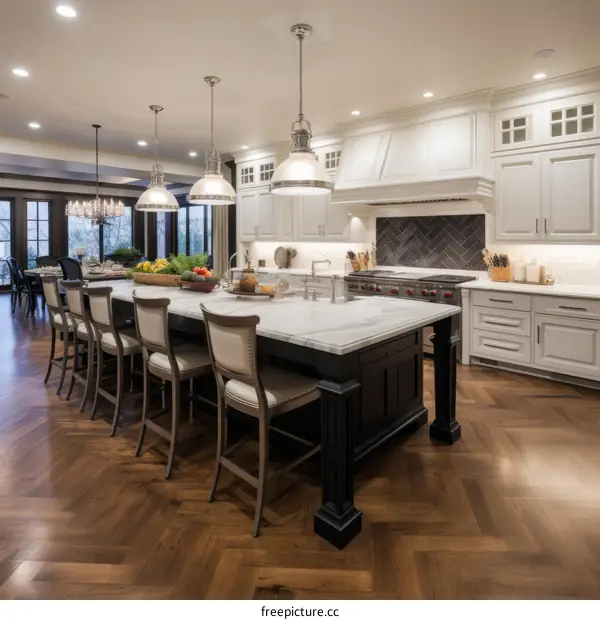 Modern Kitchen Island with Seating and Hardwood Flooring