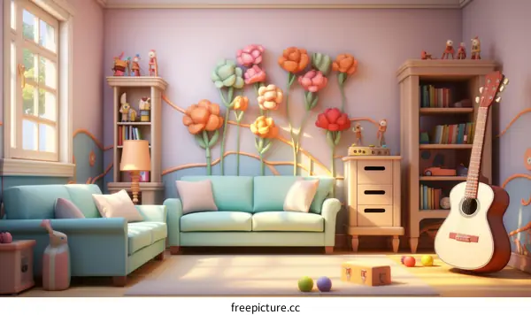 A cozy living room with a sofa, a guitar, and a bookshelf