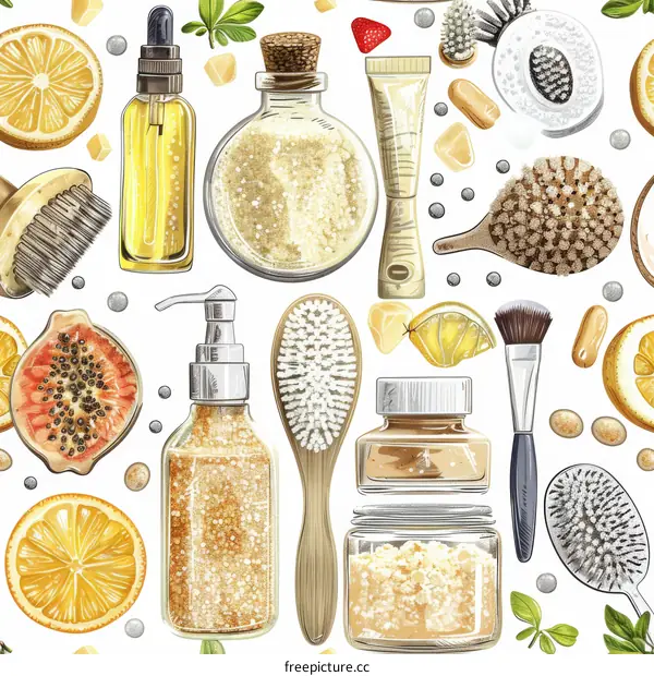 Various beauty products and natural ingredients seamless pattern