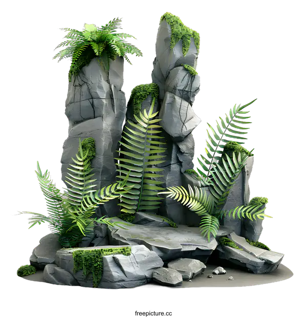 [Transparent Background PNG]Green Ferns Growing on Grey Rocks