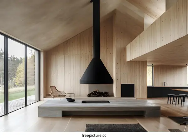 Modern Minimalist Home Interior Design With Large Windows And A Fireplace