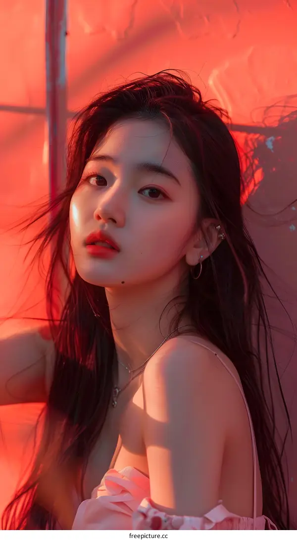 Asian Woman with Red Lips Posing in Pink Dress